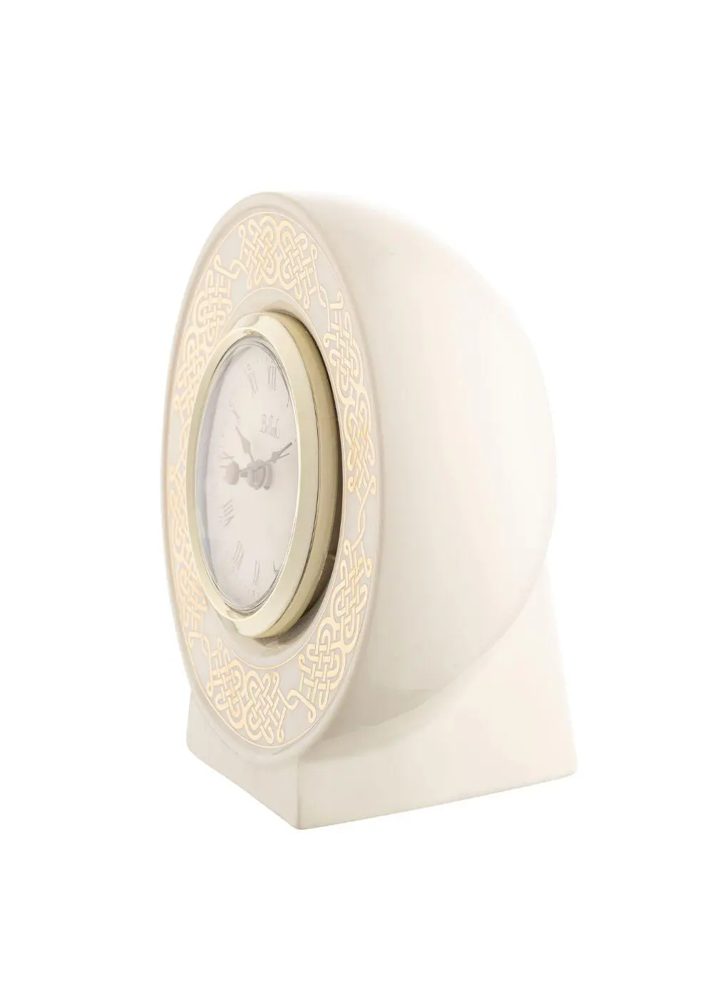 A beige, vintage-style desk clock with ornate golden patterns around the circular face, set in a sleek, supportive stand, isolated on a white background.